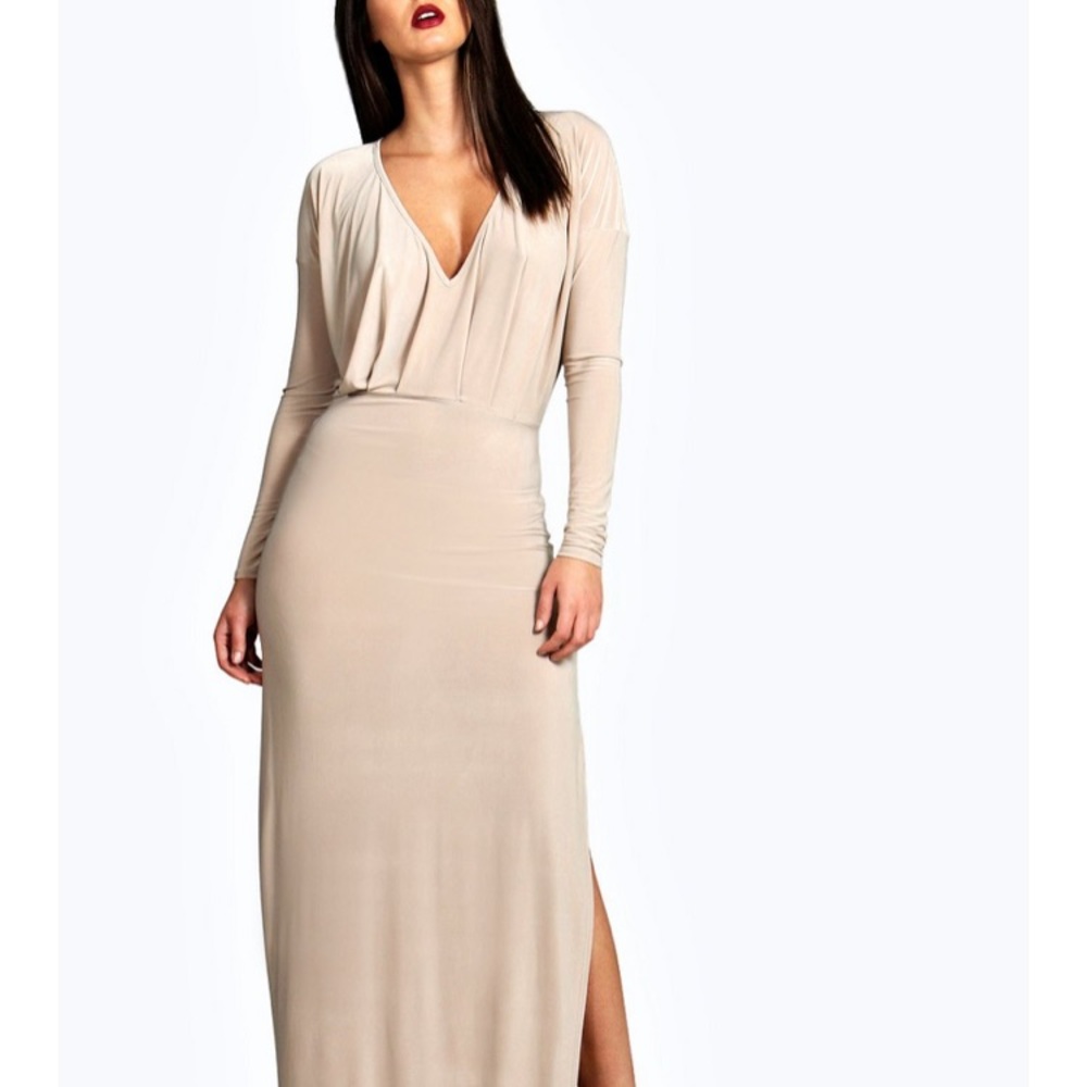 Boohoo maxi side slit nude dress